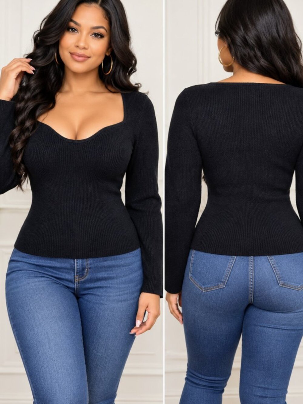 D +Be Black Ribbed Knit Sweater Long Sleeve Sweetheart Neck Women's Size Small
